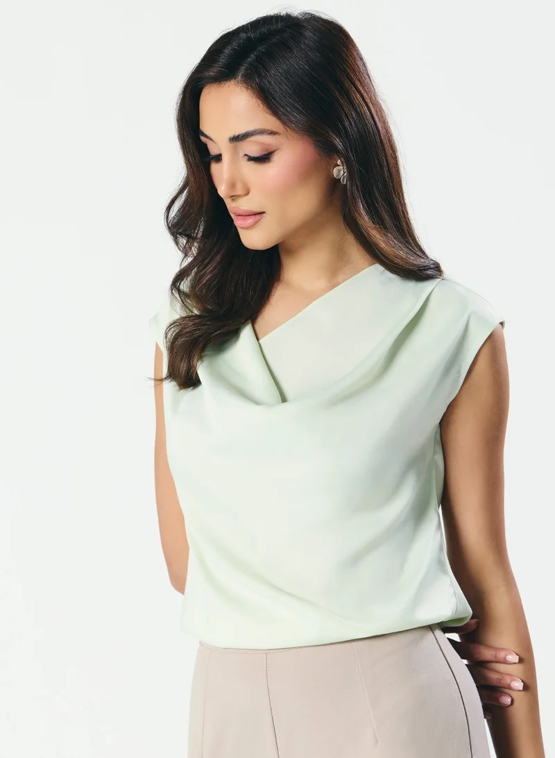 Zigzag Cowl Neck Satin Pastal Green Top